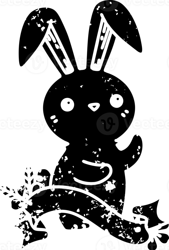 scroll banner with black line work tattoo style cute bunny distressed icon png