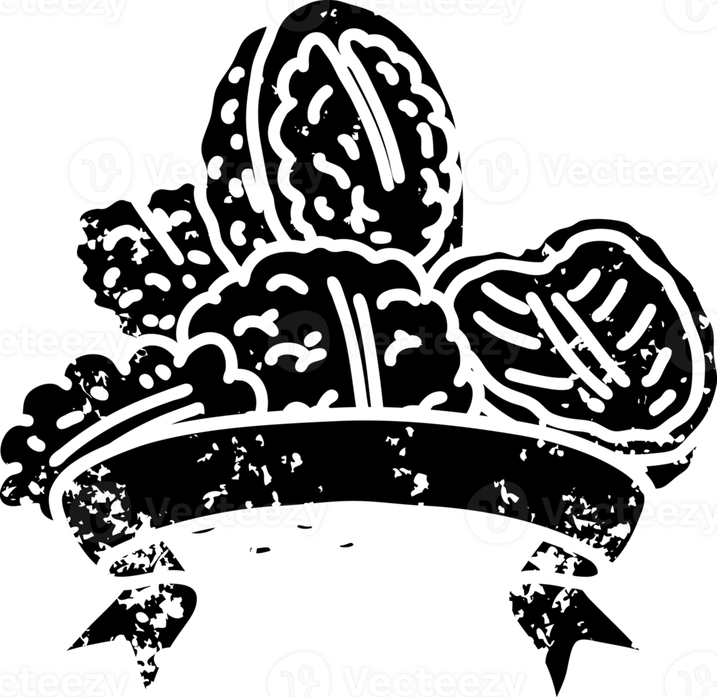 scroll banner with black line work tattoo style walnuts with shell distressed icon png