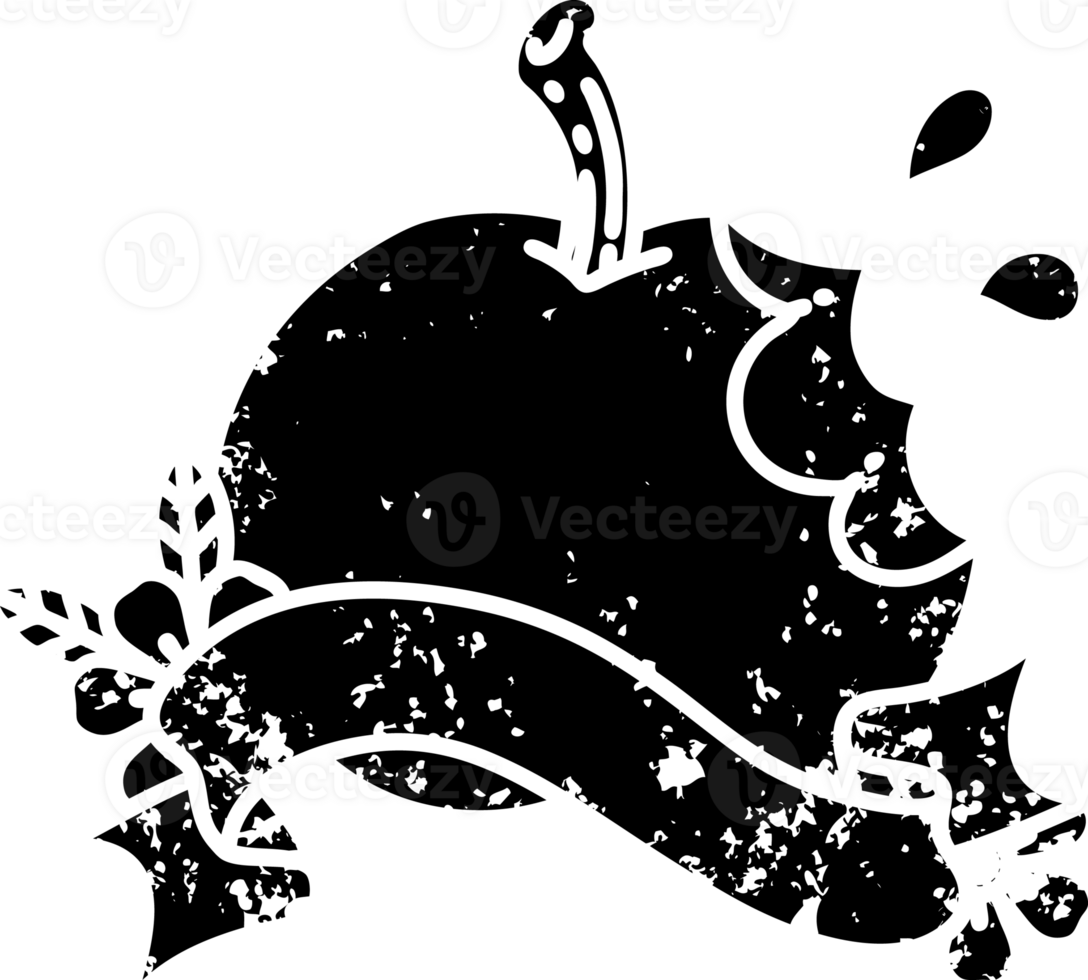 scroll banner with black line work tattoo style bitten apple distressed icon png