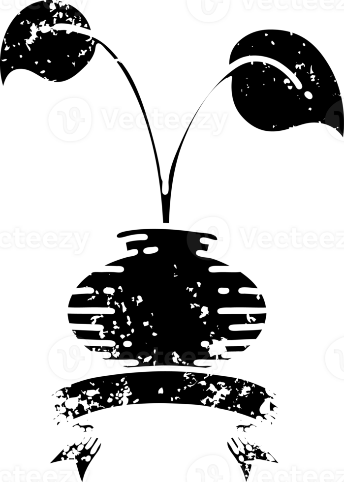 scroll banner with black line work tattoo style houseplant in vase distressed icon png