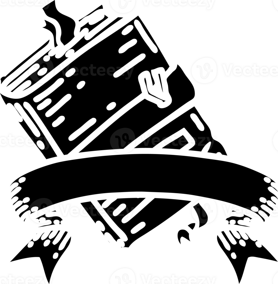 scroll banner with black line work tattoo style old bound notebook solid black icon png