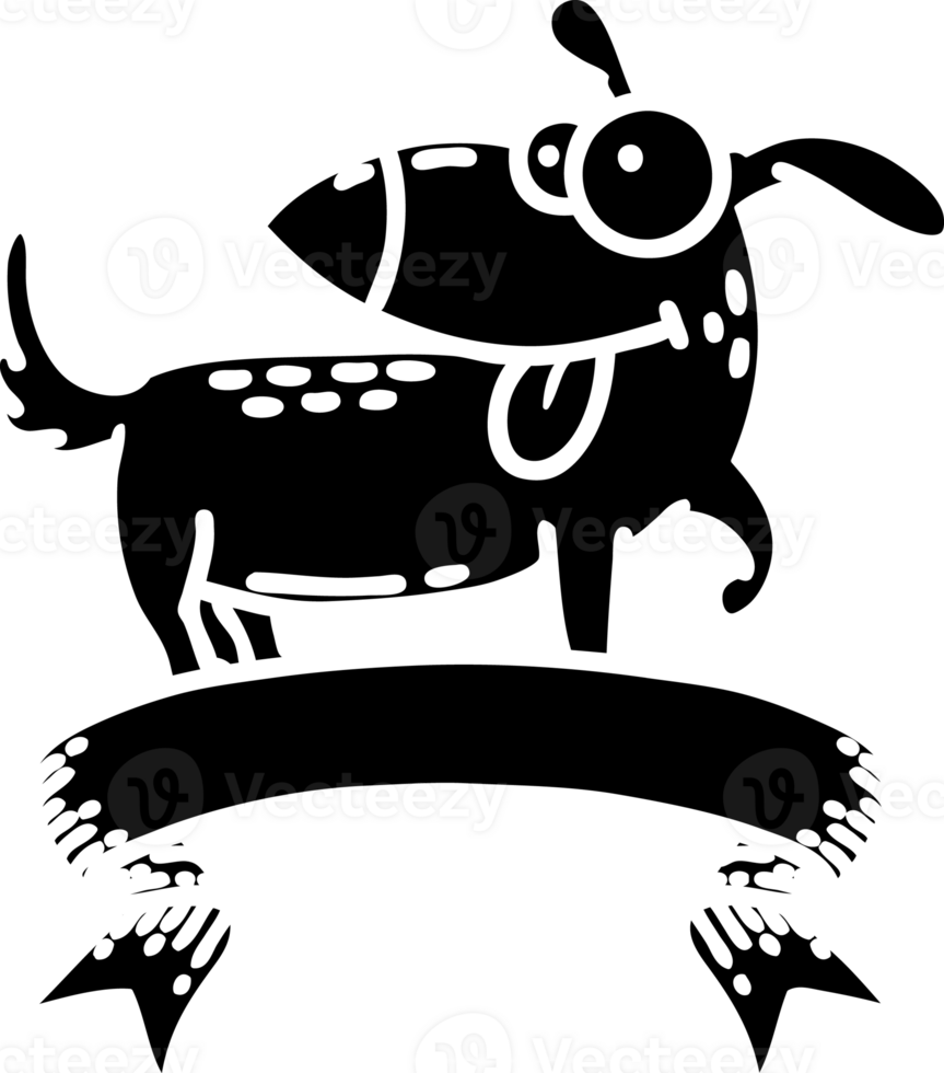scroll banner with black line work tattoo style happy dog solid black icon png