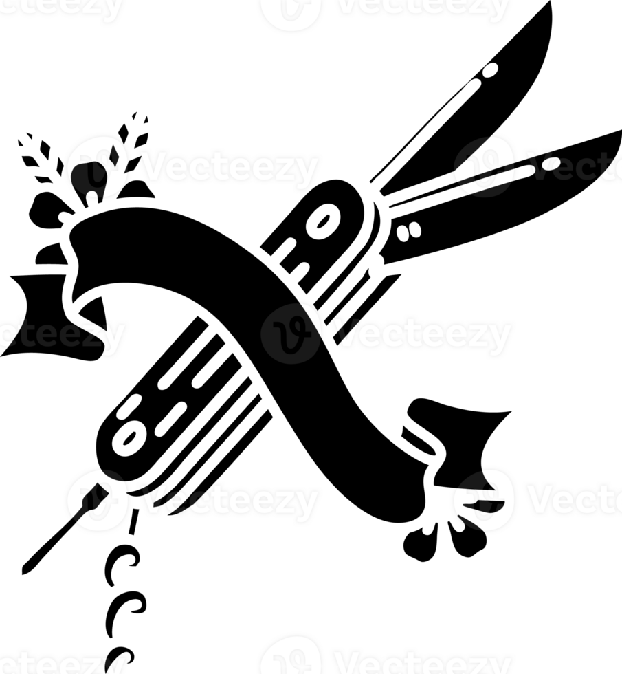 scroll banner with black line work tattoo style folding knife solid black icon png
