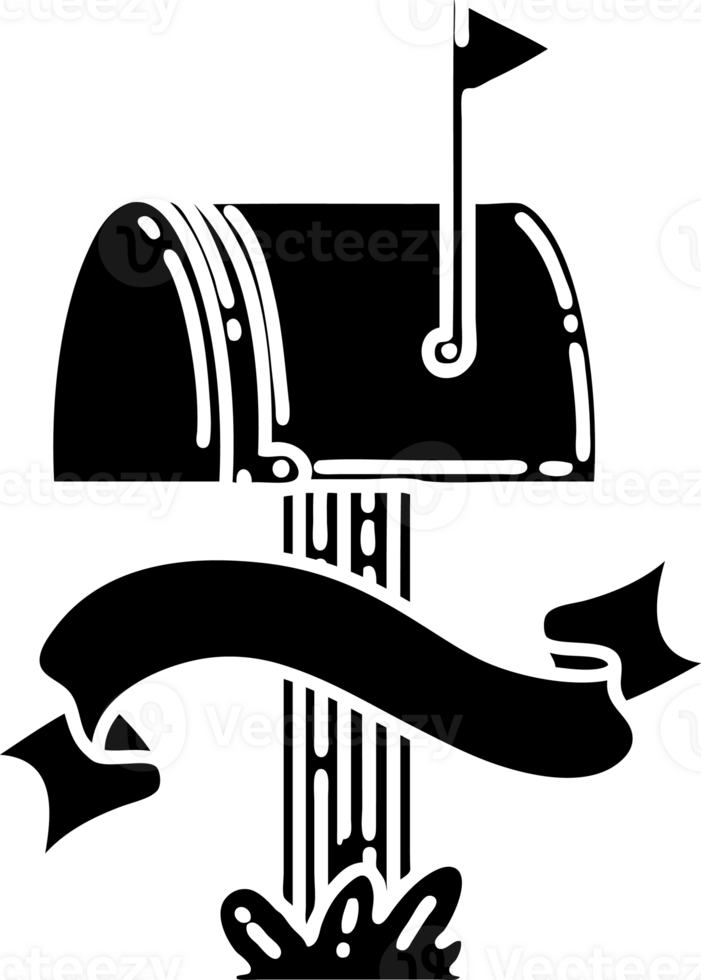 scroll banner with black line work tattoo style closed mailbox solid black icon png