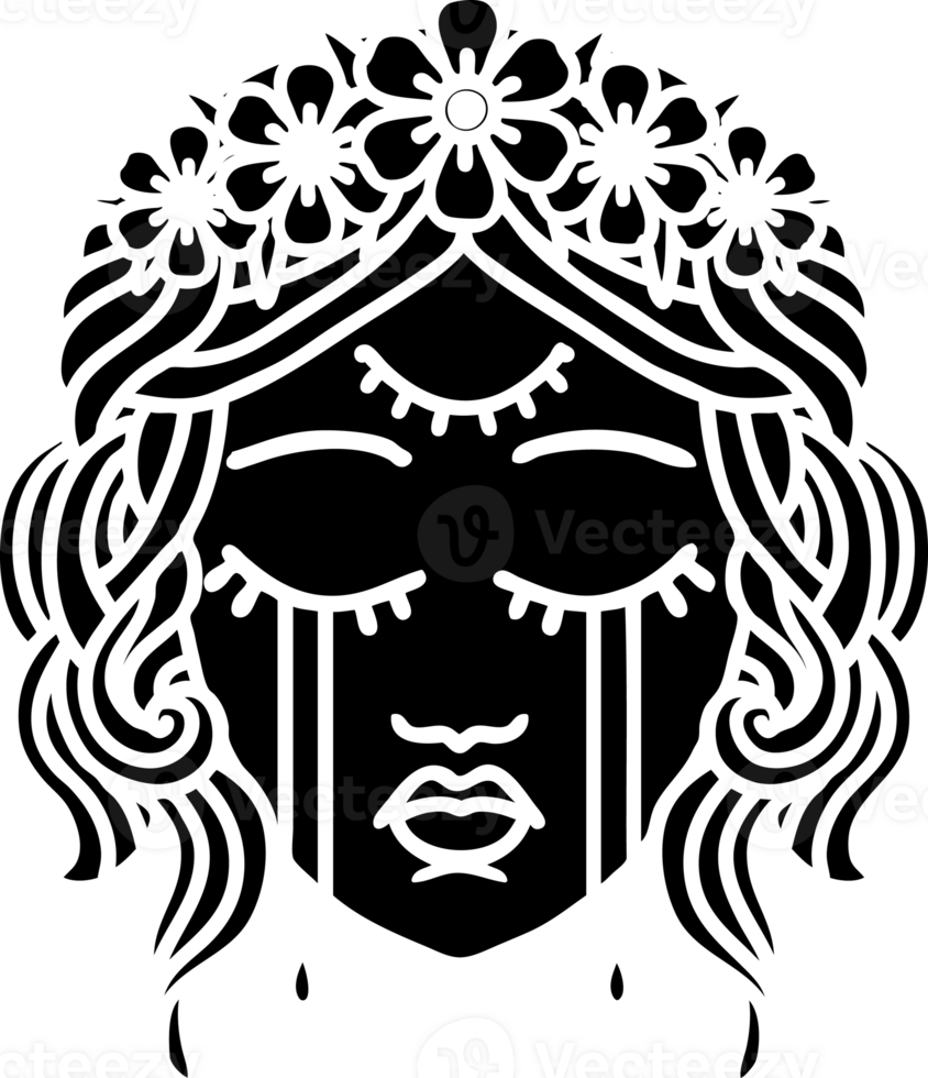 tattoo in black line style of female face with third eye and crown of flowers cyring solid black icon png