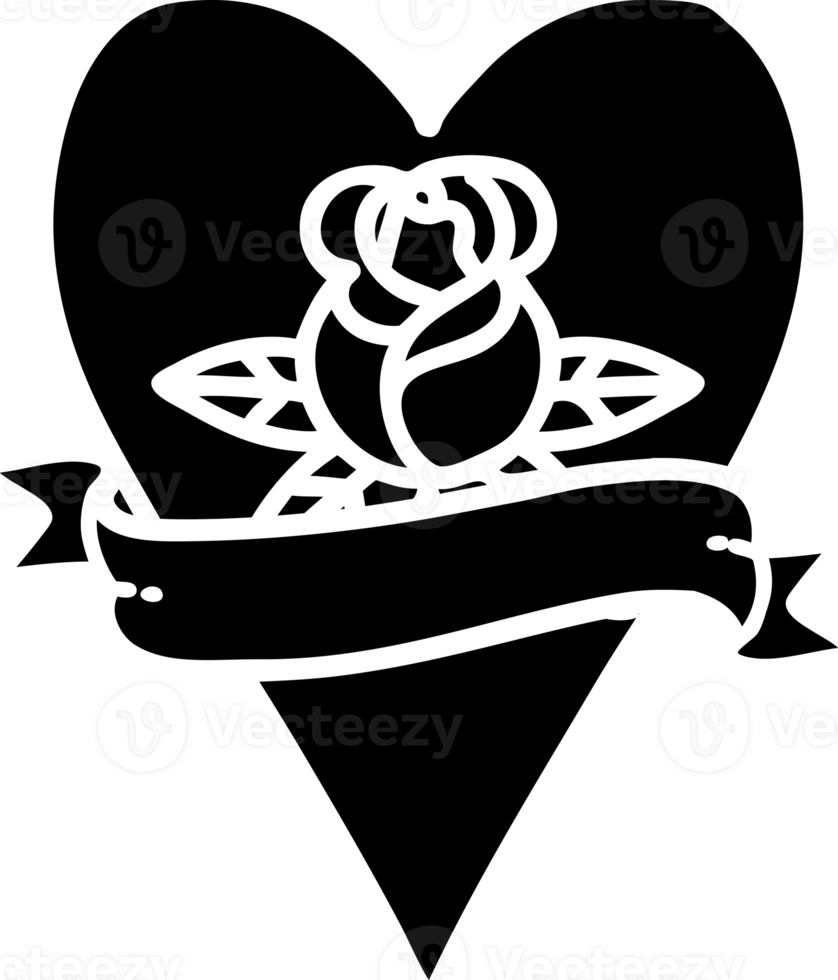 tattoo in black line style of a heart rose and banner  solid black icon png