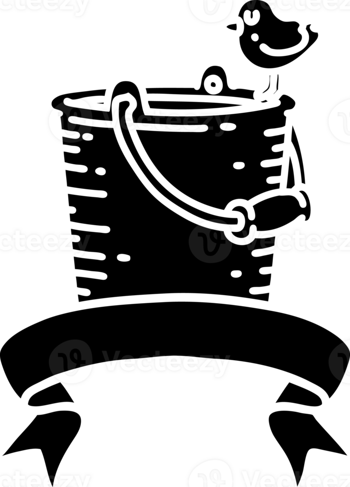 scroll banner with black line work tattoo style bird perched on bucket of water solid black icon png