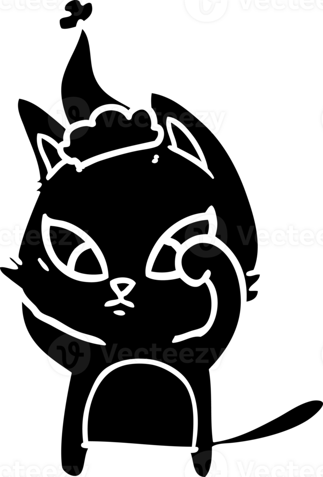 confused hand drawn line drawing of a cat wearing santa hat solid black icon png