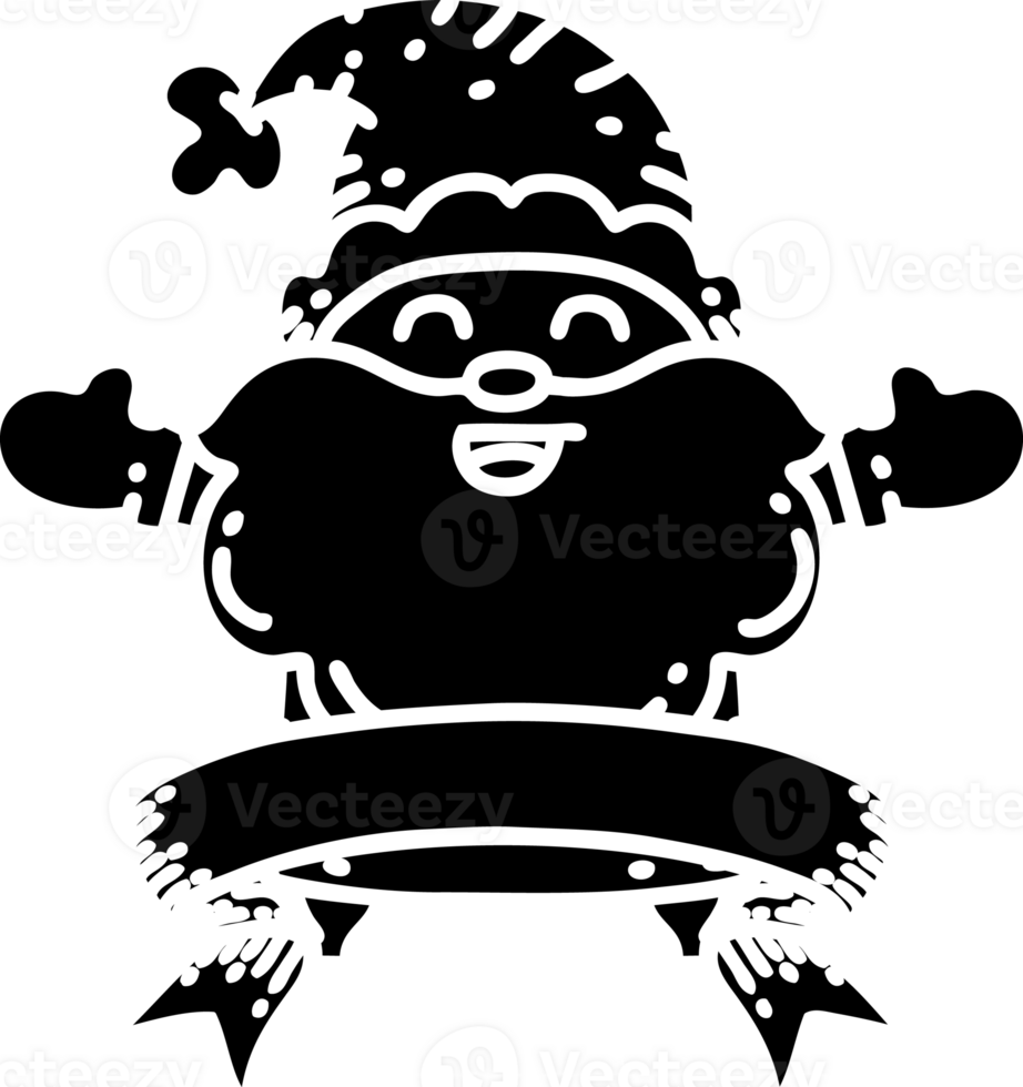 scroll banner with black line work tattoo style happy santa claus christmas character solid black icon png