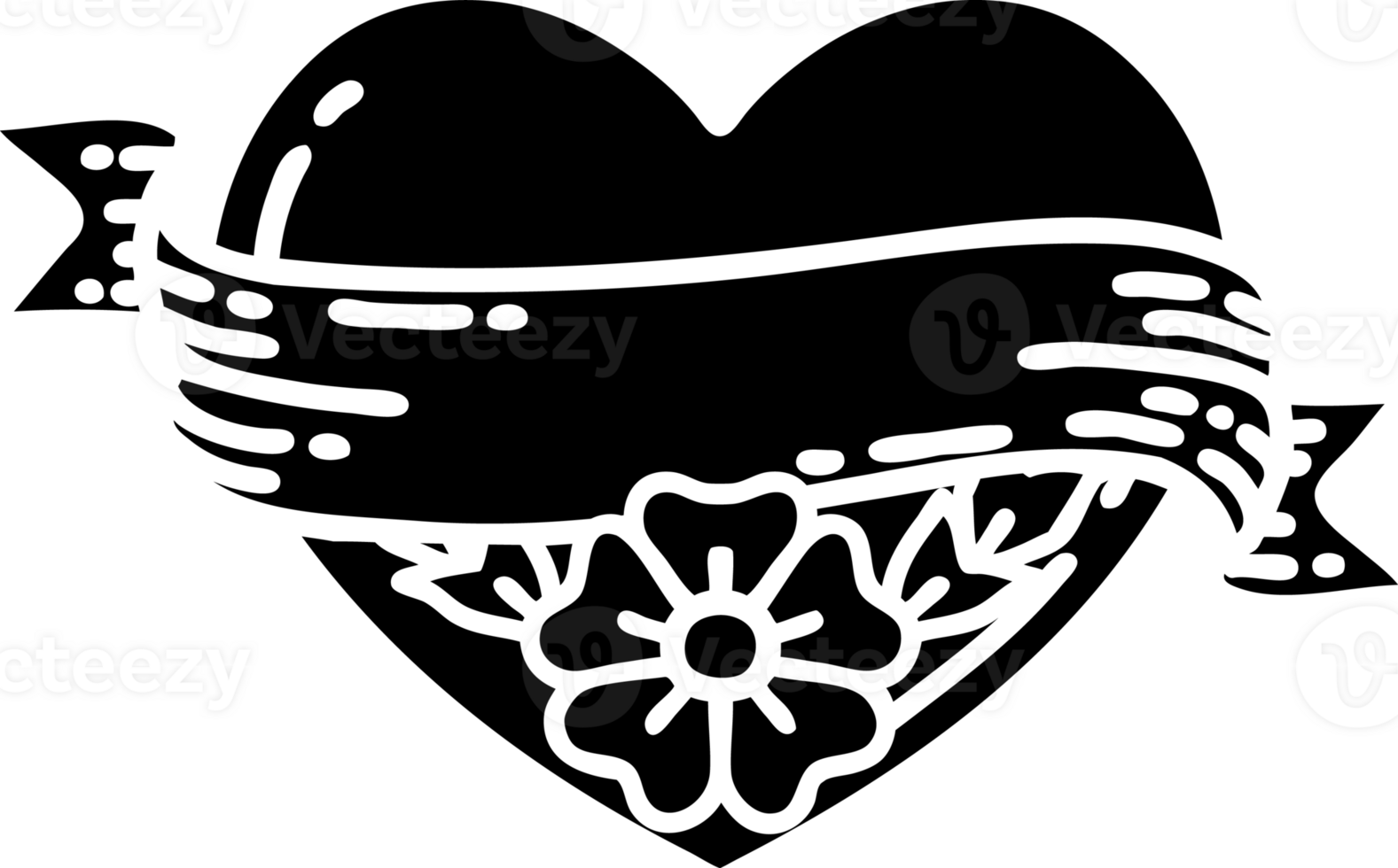 tattoo in black line style of a heart and banner with flowers solid black icon png