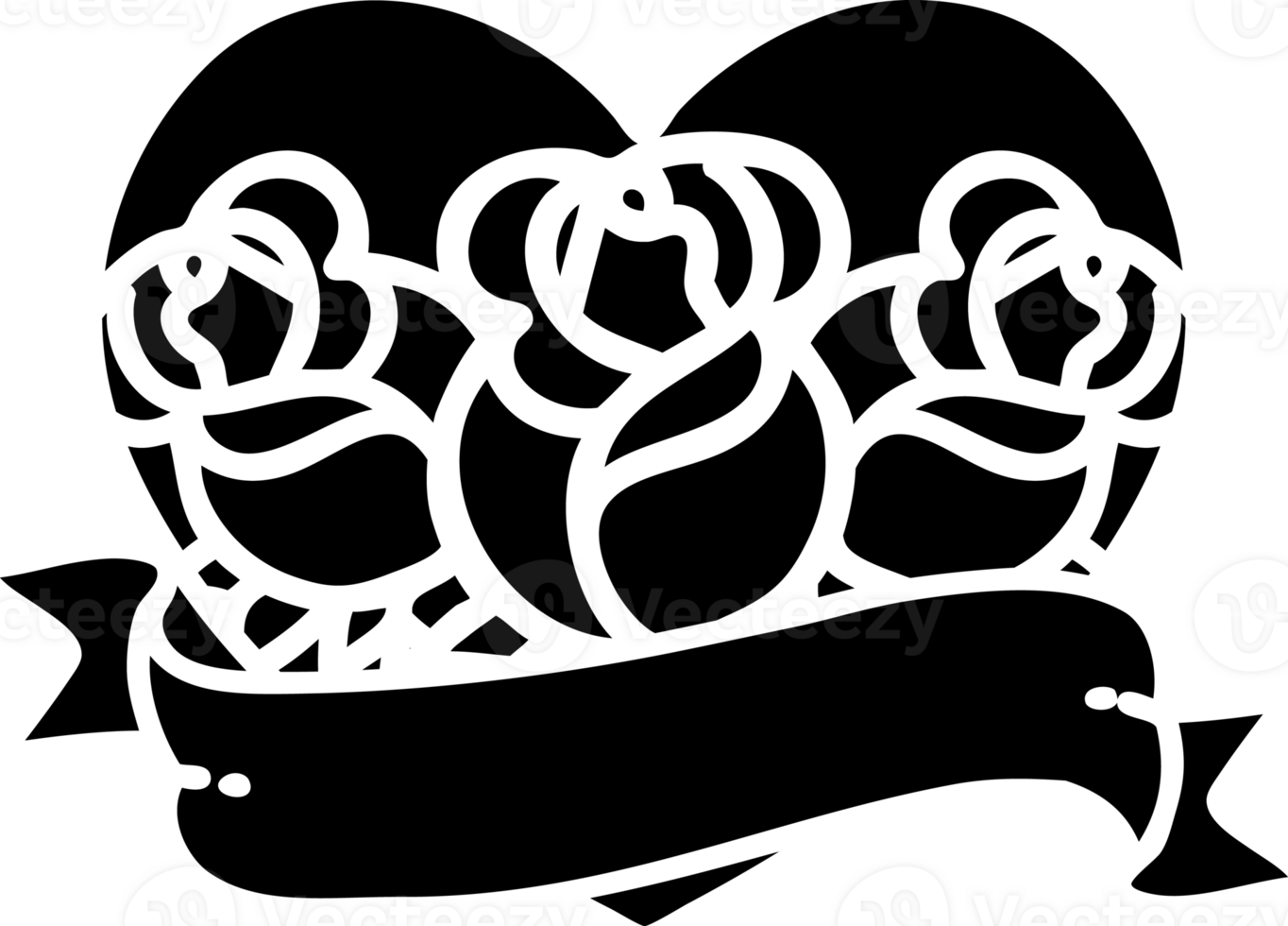 tattoo in black line style of a heart and banner with flowers solid black icon png
