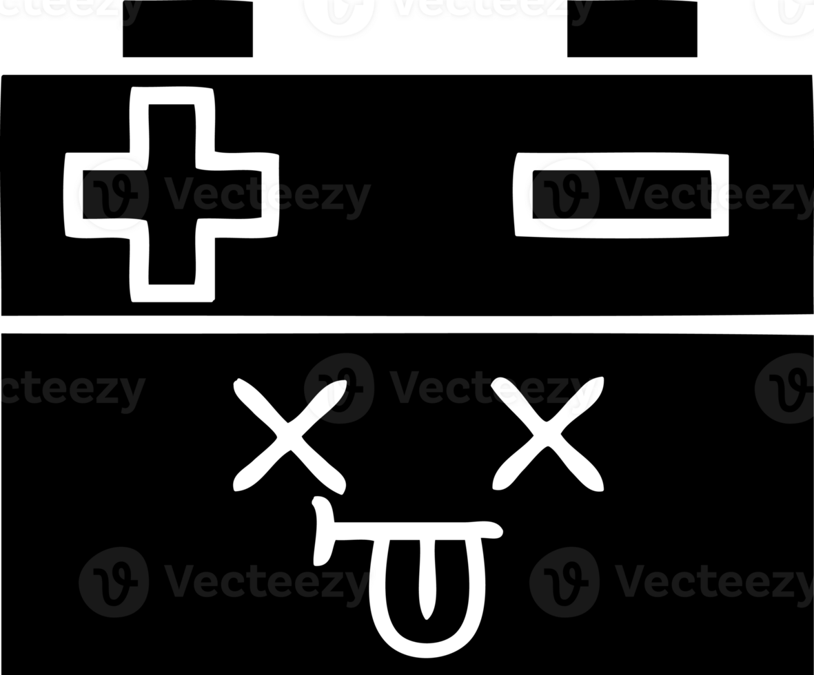 Linie Zeichnung Karikatur von ein Auto Batterie solide schwarz Symbol png