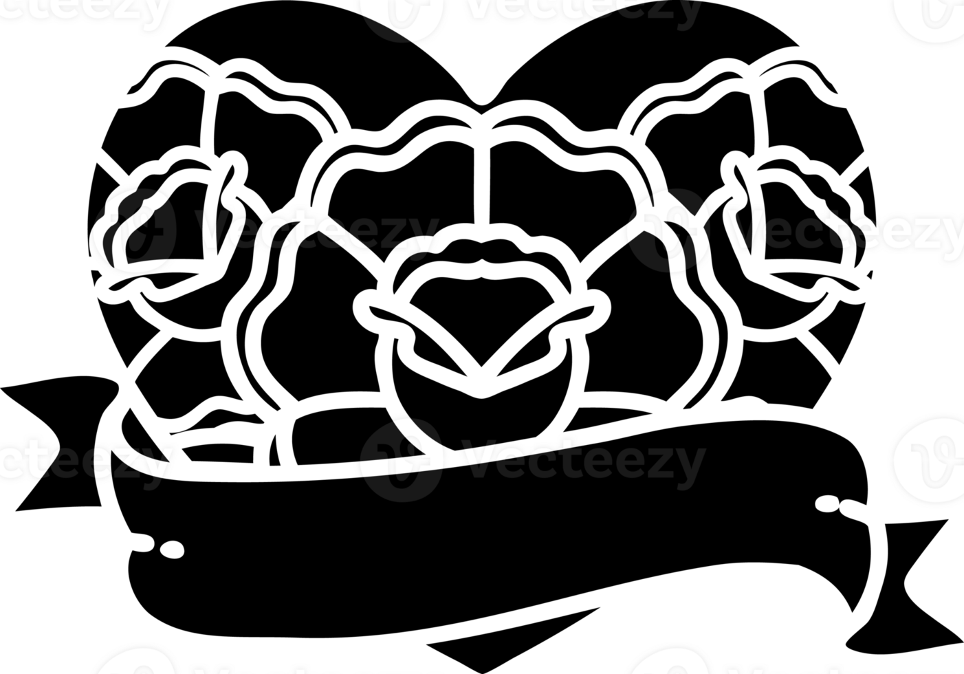 tattoo in black line style of a heart and banner with flowers solid black icon png