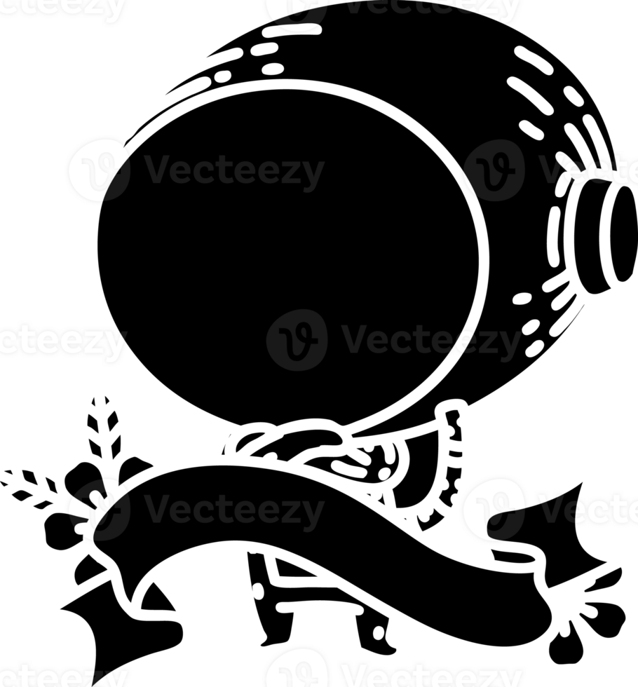 scroll banner with black line work tattoo style astronaut solid black icon png
