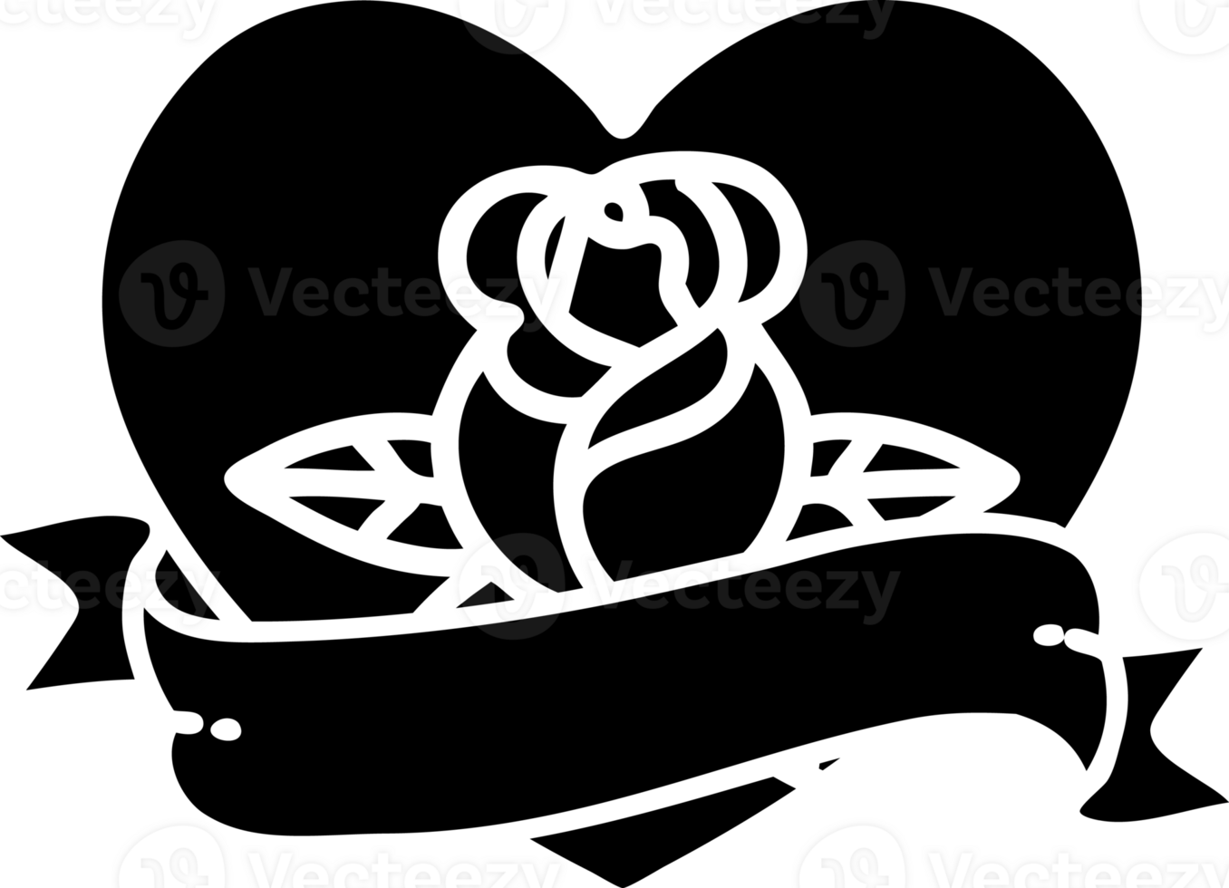 tattoo in black line style of a heart rose and banner  solid black icon png