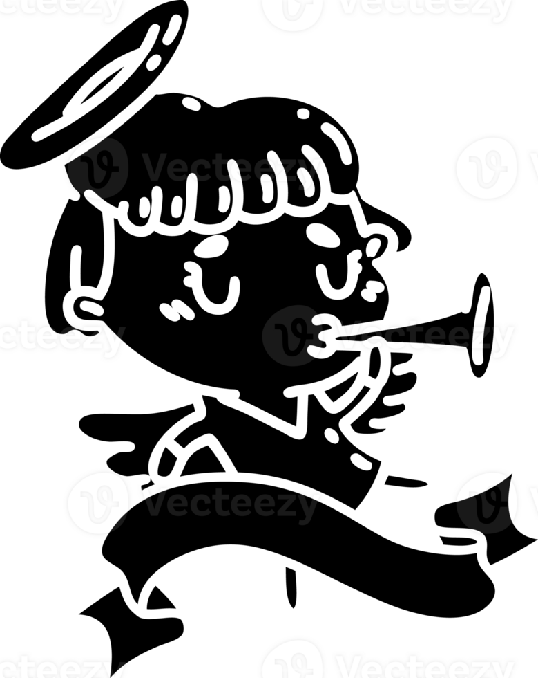 scroll banner with black line work tattoo style angel blowing trumpet solid black icon png