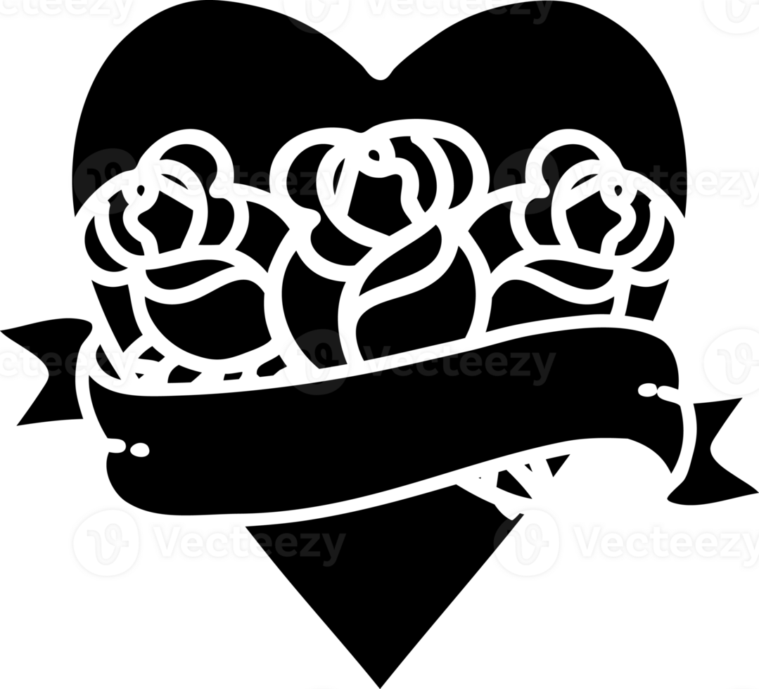 tattoo in black line style of a heart and banner with flowers solid black icon png