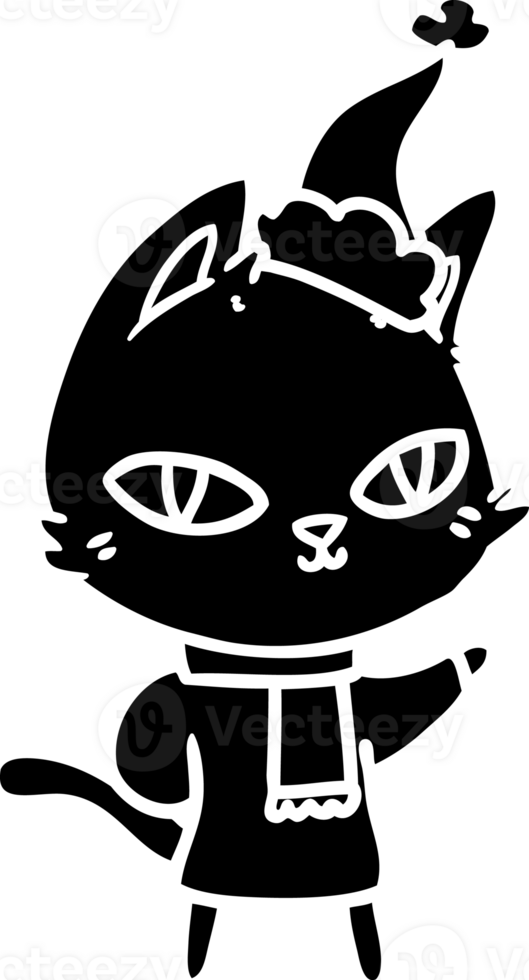 hand drawn line drawing of a cat staring wearing santa hat solid black icon png