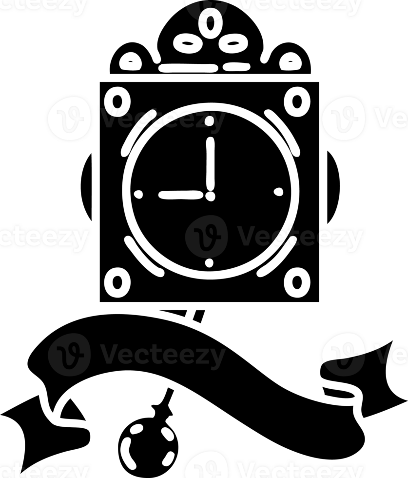 scroll banner with black line work tattoo style ticking clock solid black icon png