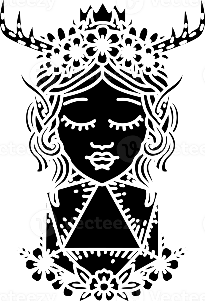 Black and White Tattoo linework Style elf druid character with nautral twenty dice roll solid black icon png
