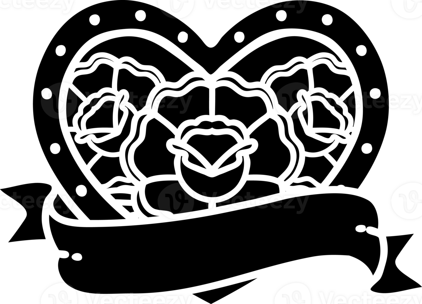 tattoo in black line style of a heart and banner with flowers solid black icon png