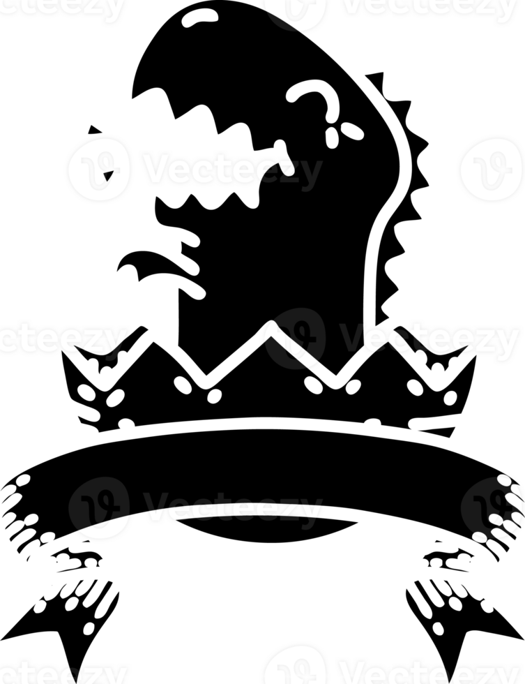 scroll banner with black line work tattoo style hatching dinosaur solid black icon png