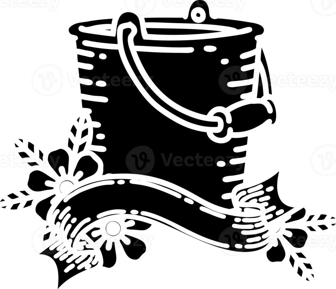 scroll banner with black line work tattoo style bucket of water solid black icon png