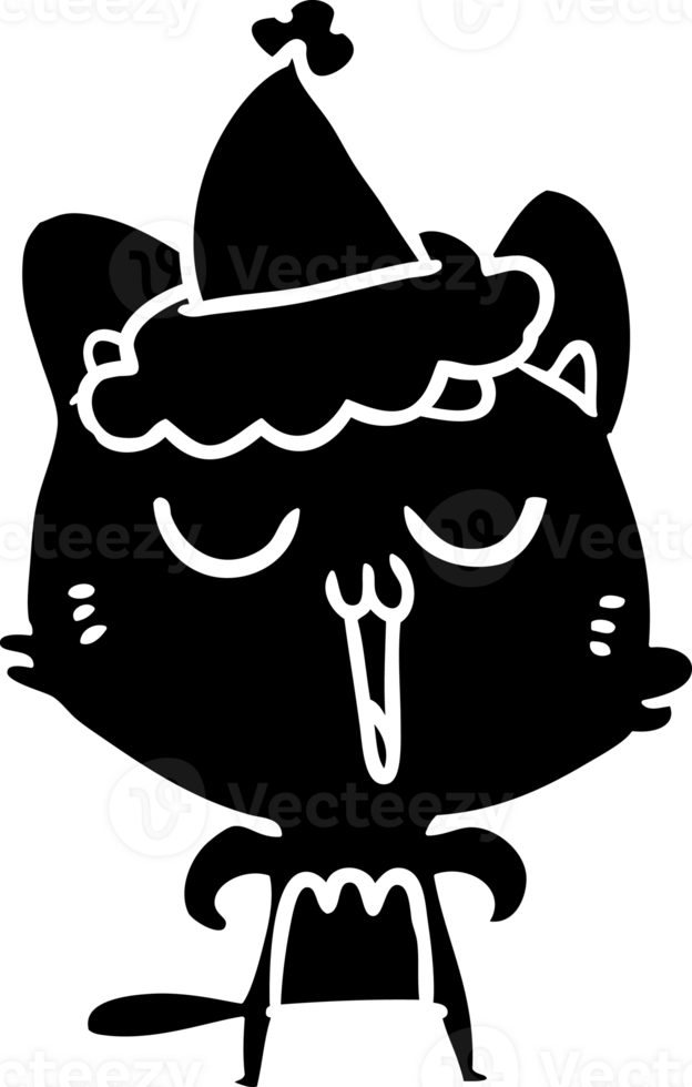 hand drawn line drawing of a cat singing wearing santa hat solid black icon png
