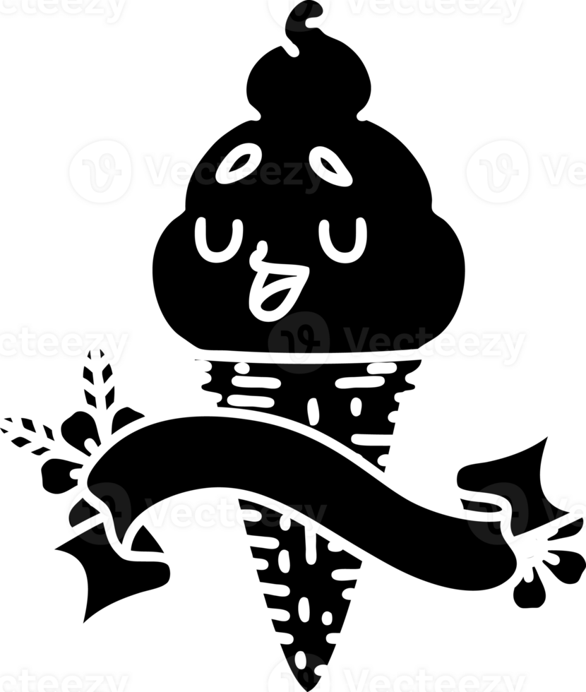 scroll banner with black line work tattoo style ice cream character solid black icon png