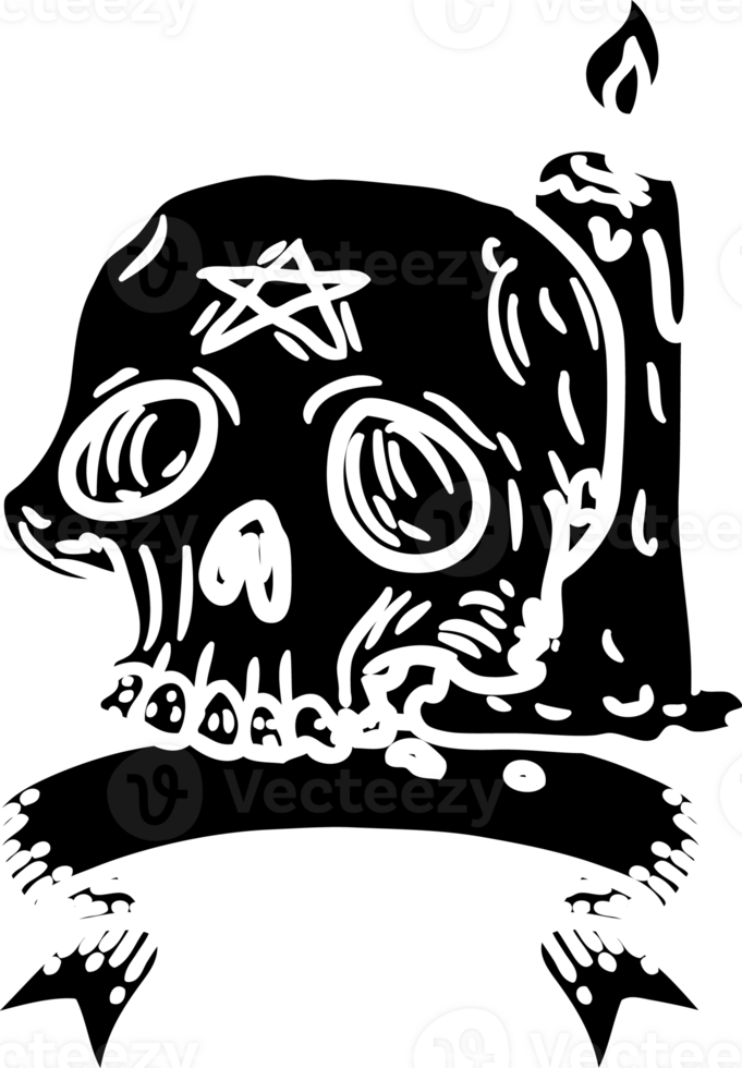scroll banner with black line work tattoo style spooky skull and candle solid black icon png