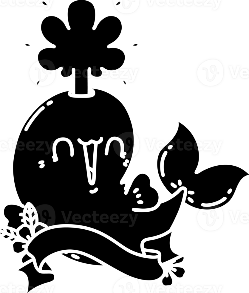 scroll banner with black line work tattoo style happy squirting whale character solid black icon png
