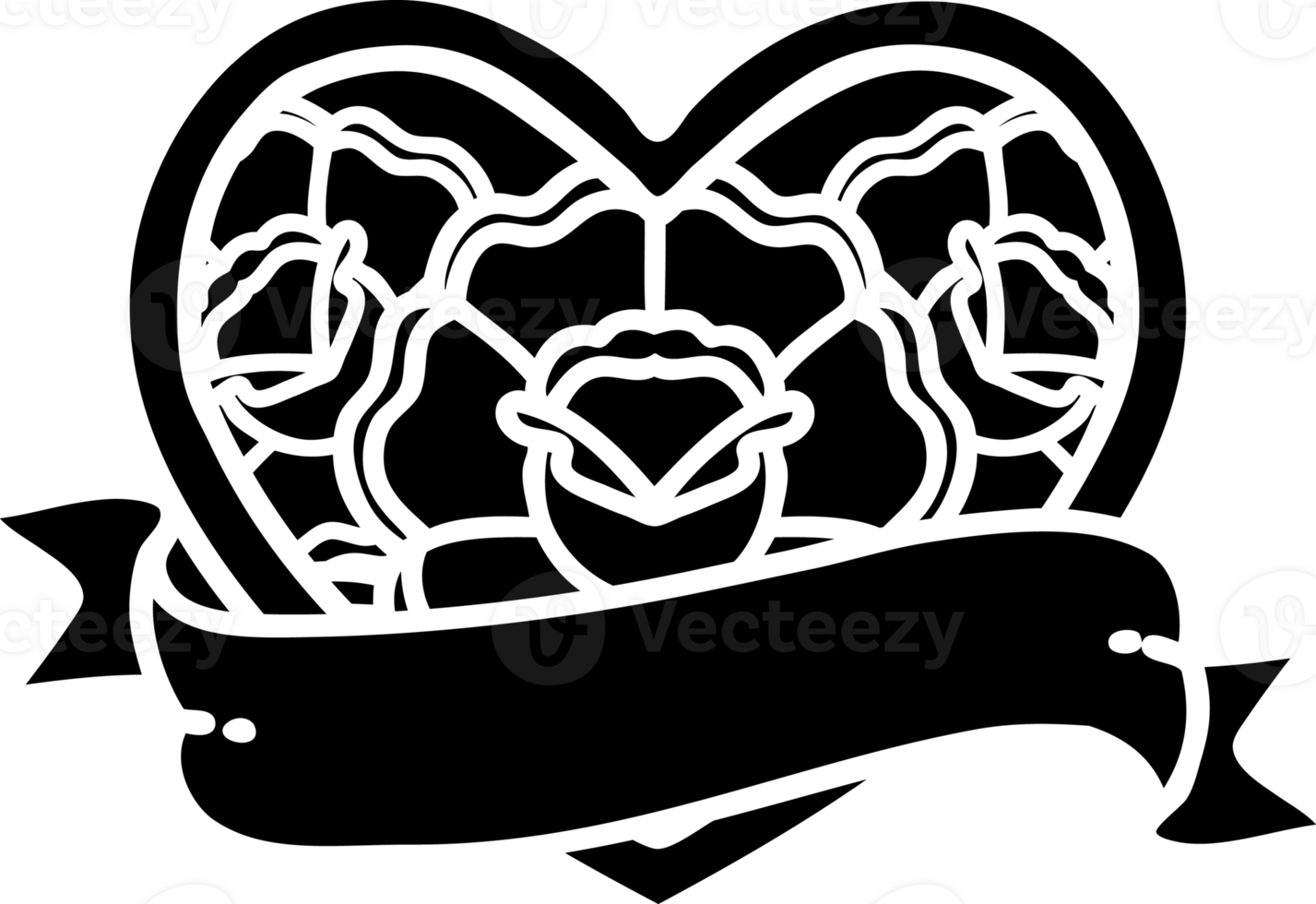 tattoo in black line style of a heart and banner with flowers solid black icon png