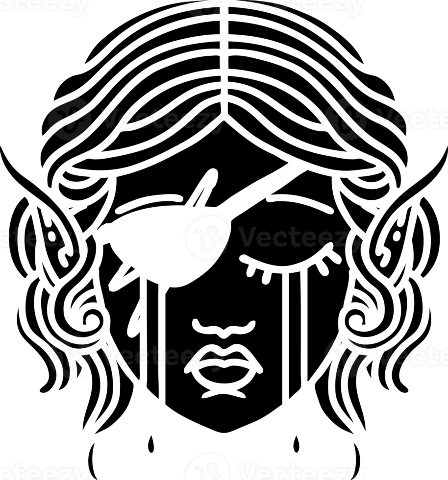 Black and White Tattoo linework Style crying elf rogue character face solid black icon png