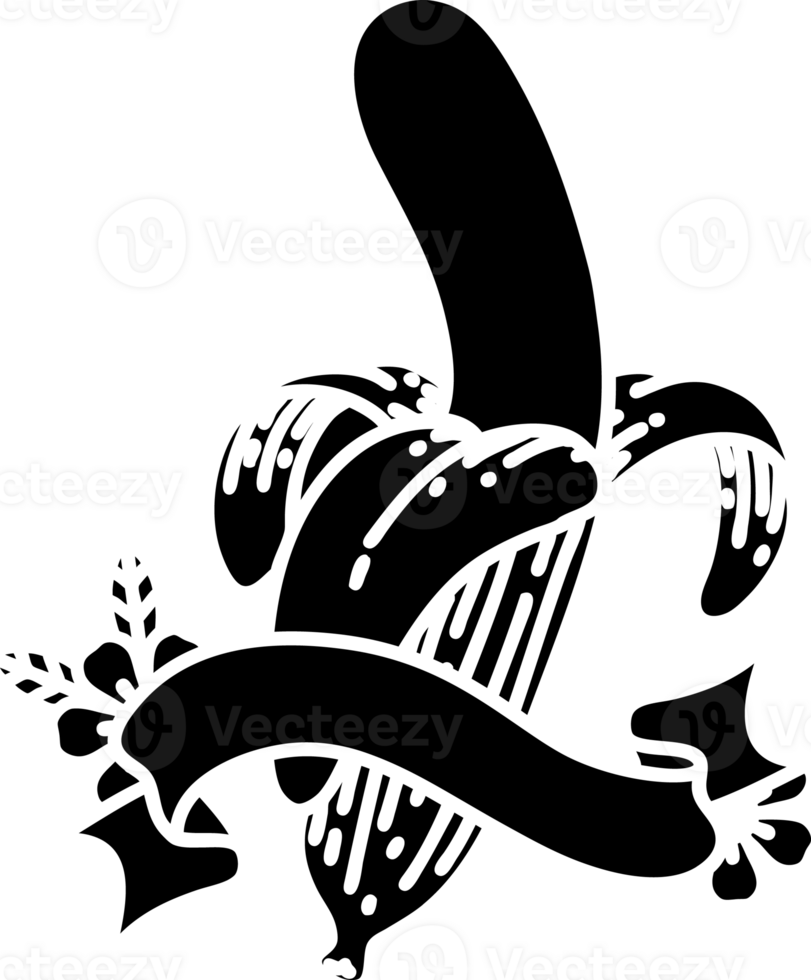 scroll banner with black line work tattoo style peeled banana solid black icon png