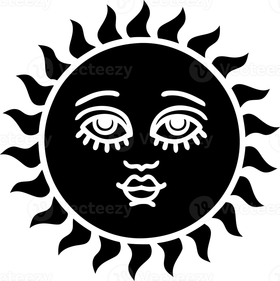 tattoo in black line style of a sun with face solid black icon png