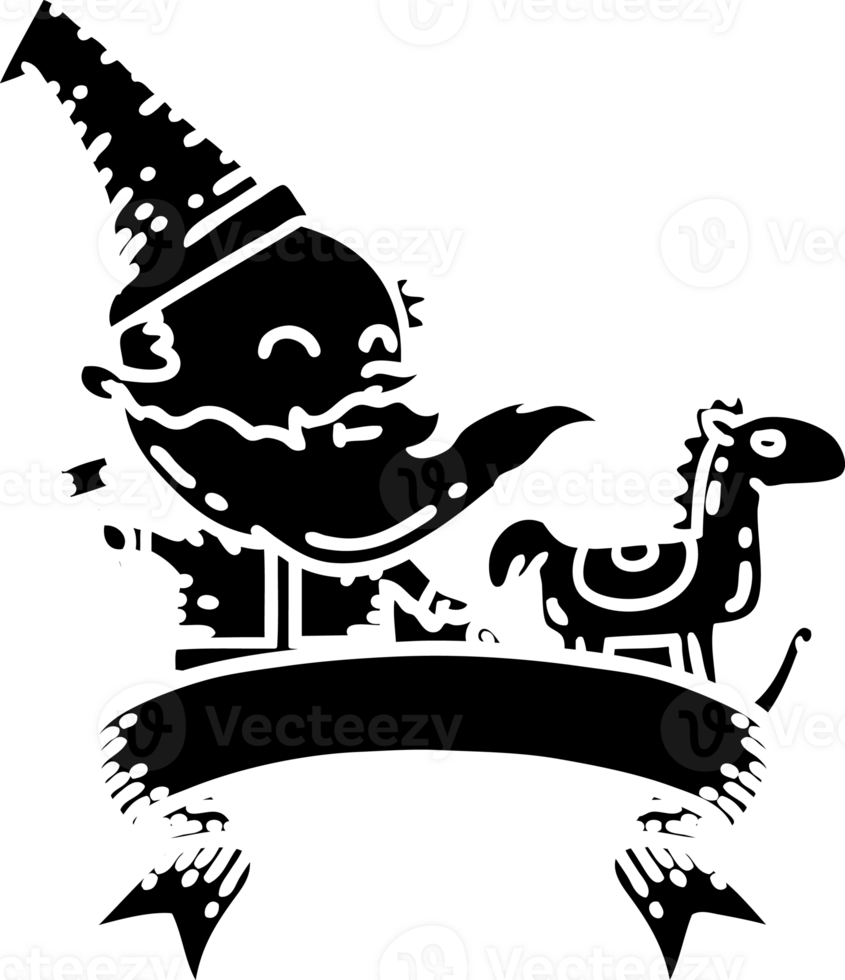 scroll banner with black line work tattoo style santa claus christmas character making toy solid black icon png