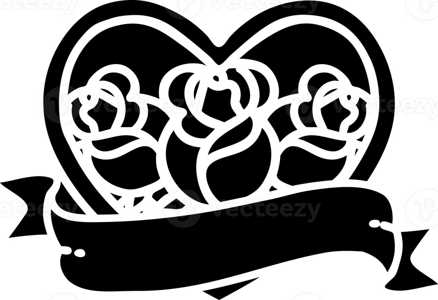 tattoo in black line style of a heart and banner with flowers solid black icon png