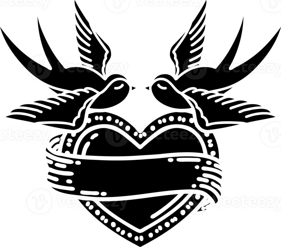tattoo in black line style of swallows and a heart with banner solid black icon png