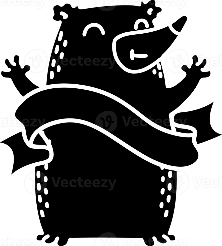 scroll banner with black line work tattoo style happy bear solid black icon png