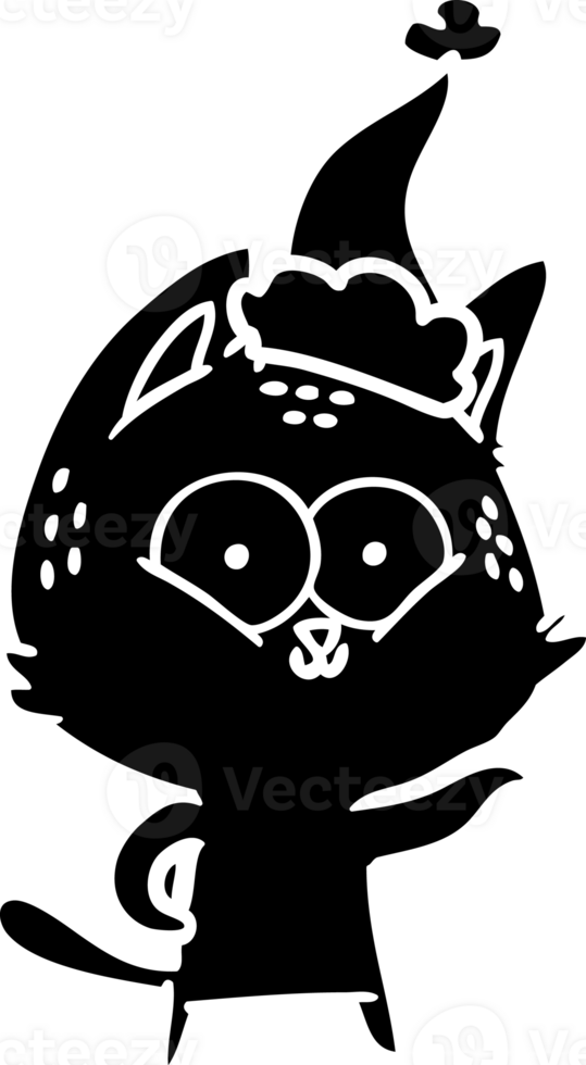 hand drawn line drawing of a cat wearing santa hat solid black icon png