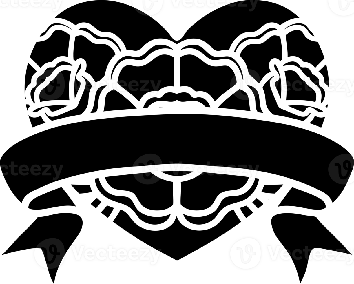 tattoo in black line style of a heart and banner with flowers solid black icon png