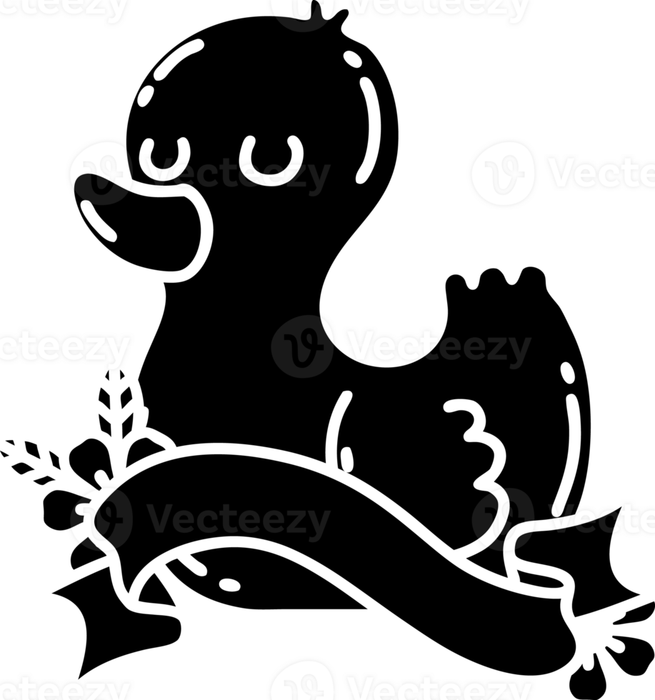 scroll banner with black line work tattoo style rubber duck solid black icon png