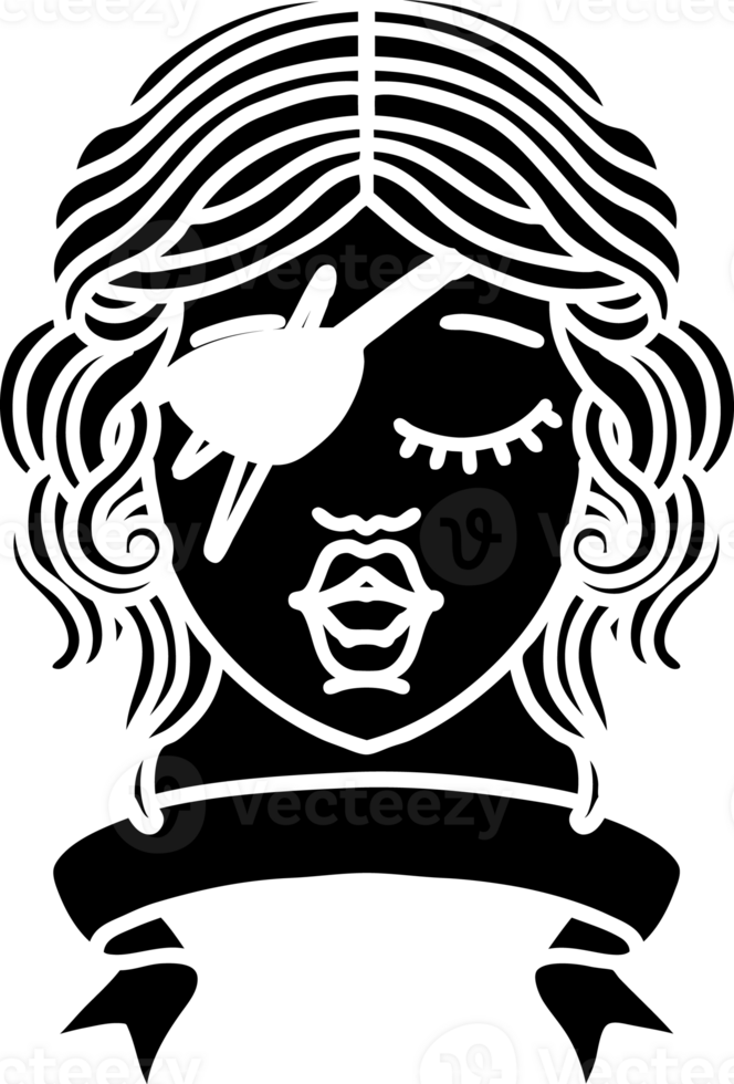 Black and White Tattoo linework Style human rogue character with banner solid black icon png
