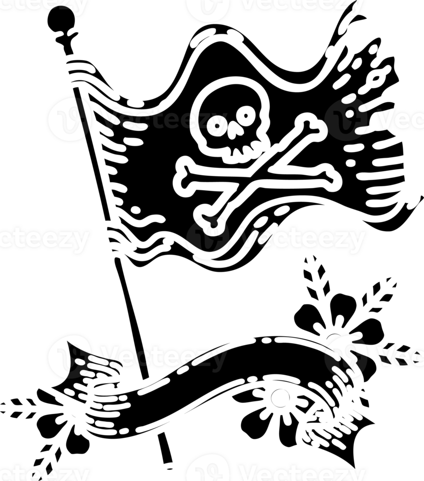 scroll banner with black line work tattoo style waving pirate flag solid black icon png