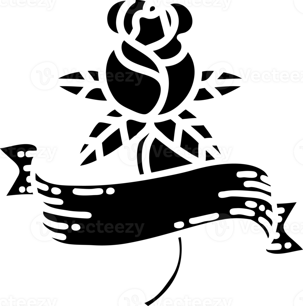 tattoo in black line style of a rose and banner solid black icon png