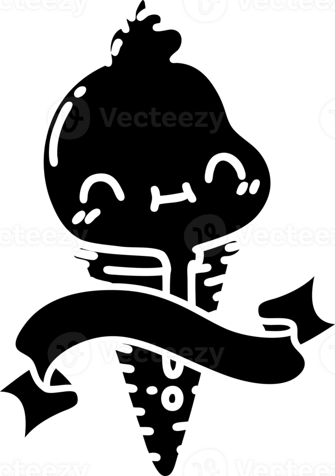 scroll banner with black line work tattoo style ice cream character solid black icon png