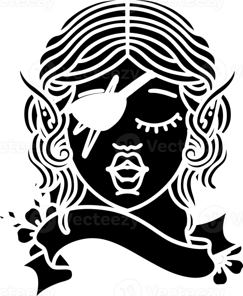 Black and White Tattoo linework Style elf rogue character face solid black icon png