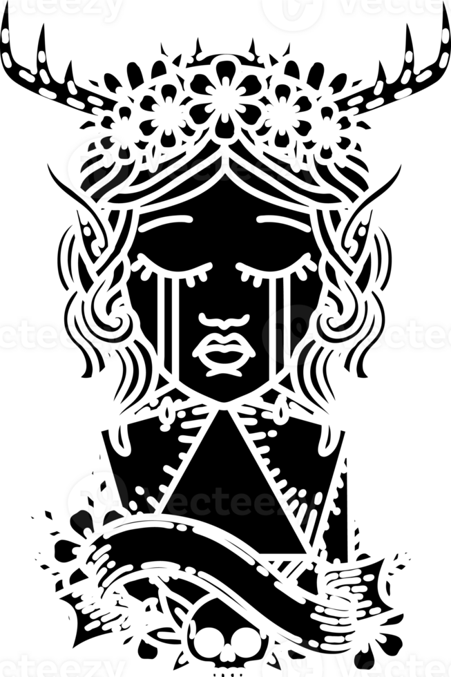 Black and White Tattoo linework Style crying elf druid character face with natural one D20 dice roll solid black icon png