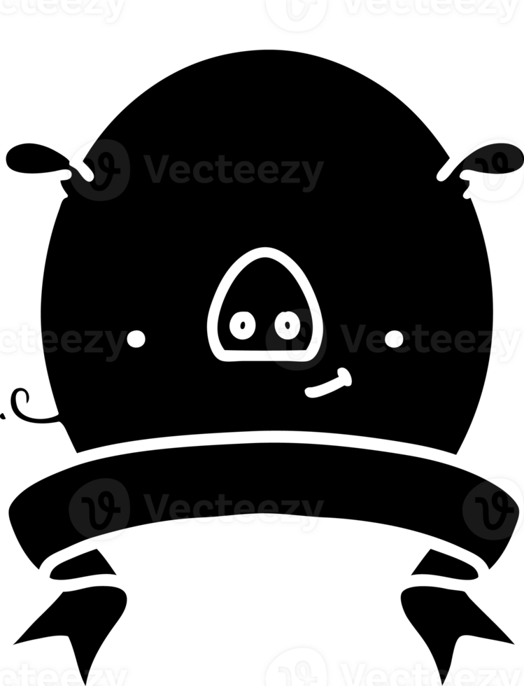 scroll banner with black line work tattoo style pig character solid black icon png