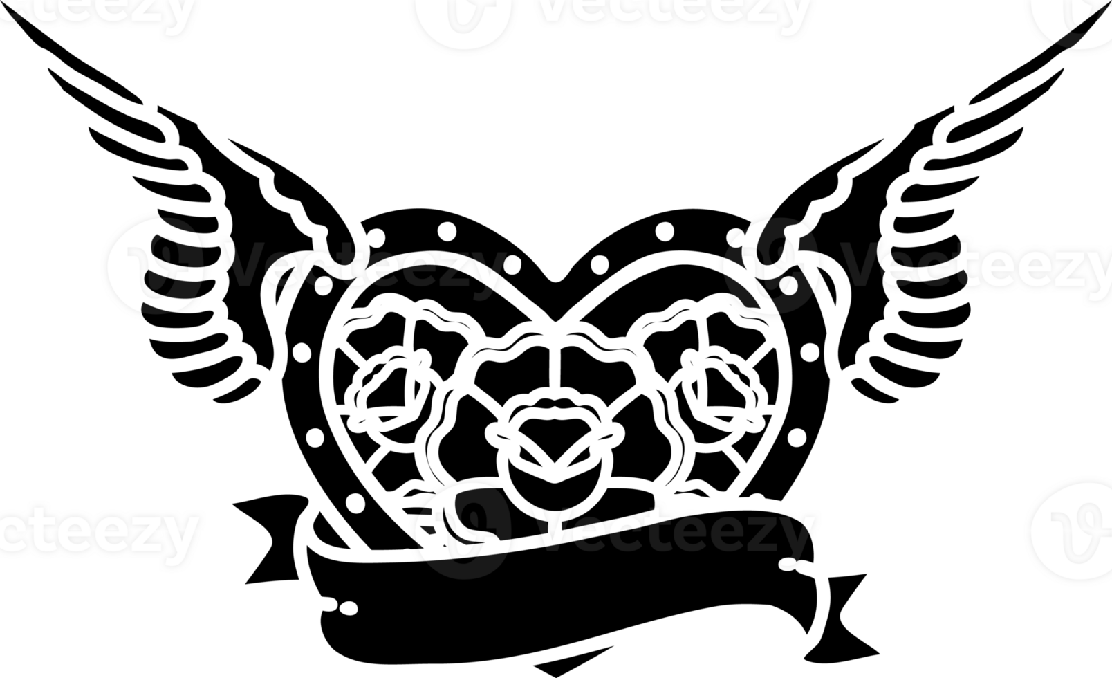 tattoo in black line style of a flying heart with flowers and banner solid black icon png